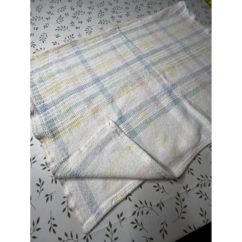 Vintage Pastel Plaid woven Cotton Baby Blanket Blue Yellow Pink 41x28